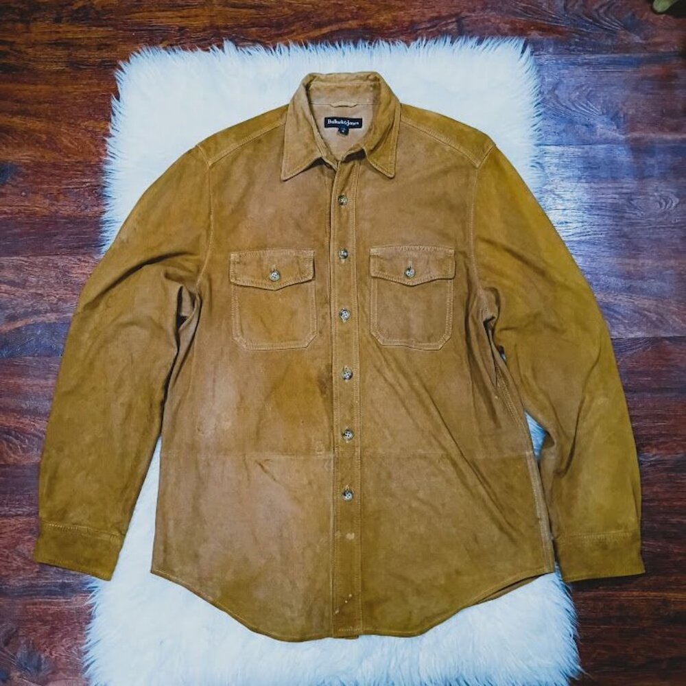 Bullock & Jones Mens Medium Suede Button-Up Shirt In Tan With Double Flap Pocket - Picture 2 of 16